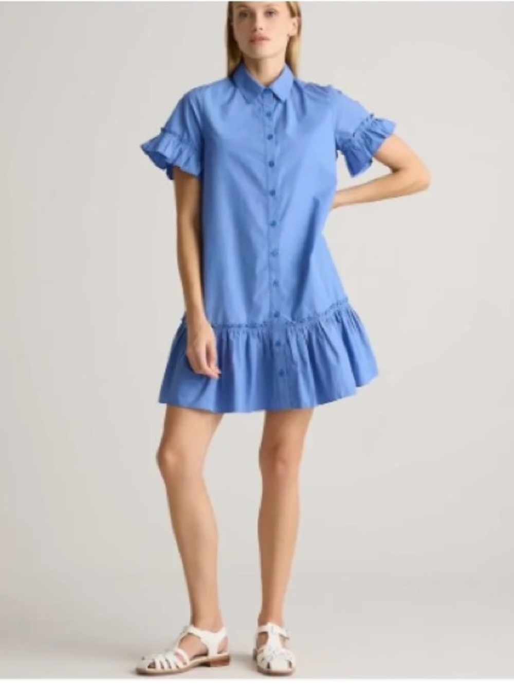 Quince Blue Button-Front Ruffle Hem Mini Shirt Dress